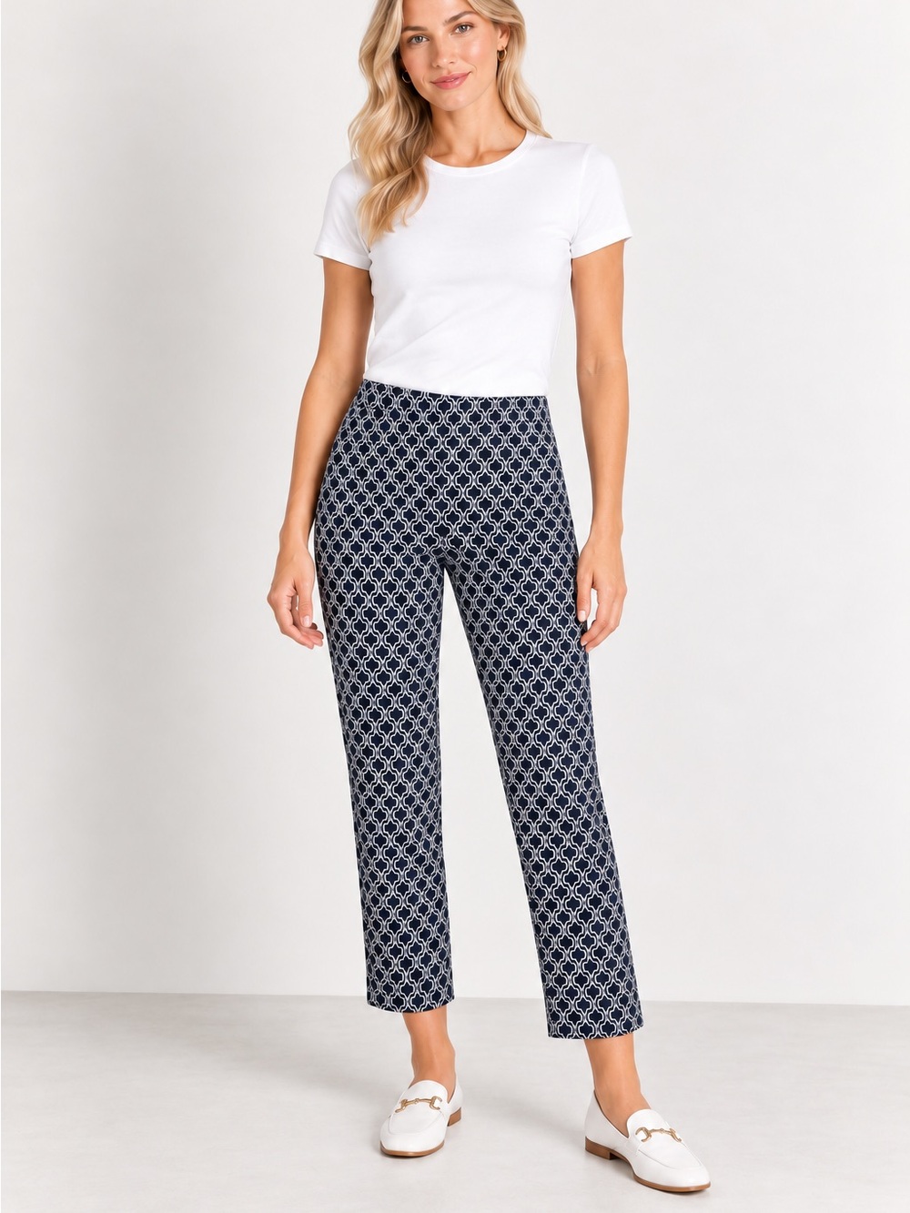 Willi Smith Navy White Geometric Ankle Pants Size 8 Cotton Stretch